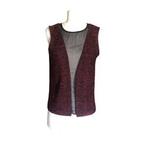 Harlowe & Graham Sheer Plunge Sleeveless Top Red Black Tweed Small Preowned